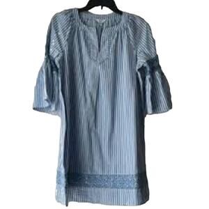 Crown & Ivy Curvy Boho Crochet Blue White Vertical Stripe Tunic Mini Dress 1X